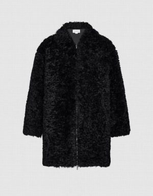 Urban Revivo Zipper Front Straight Furry Women's Coats Black | GTHIWYN-19