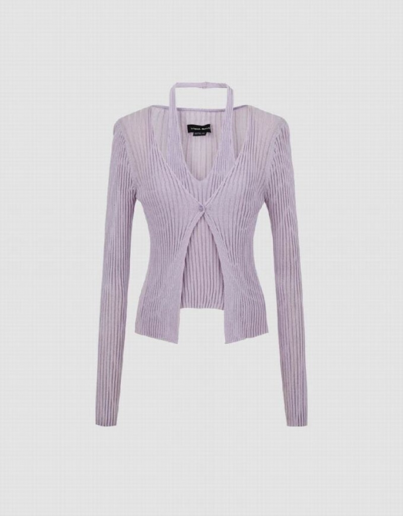 Urban Revivo 2 In 1 Halter Neck Knitted Women's Cardigan Purple | SYIMATW-91