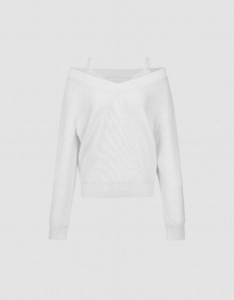 Urban Revivo 2 In 1 V-Neck Knitted Women's Cardigan White | ZGWJFHL-92