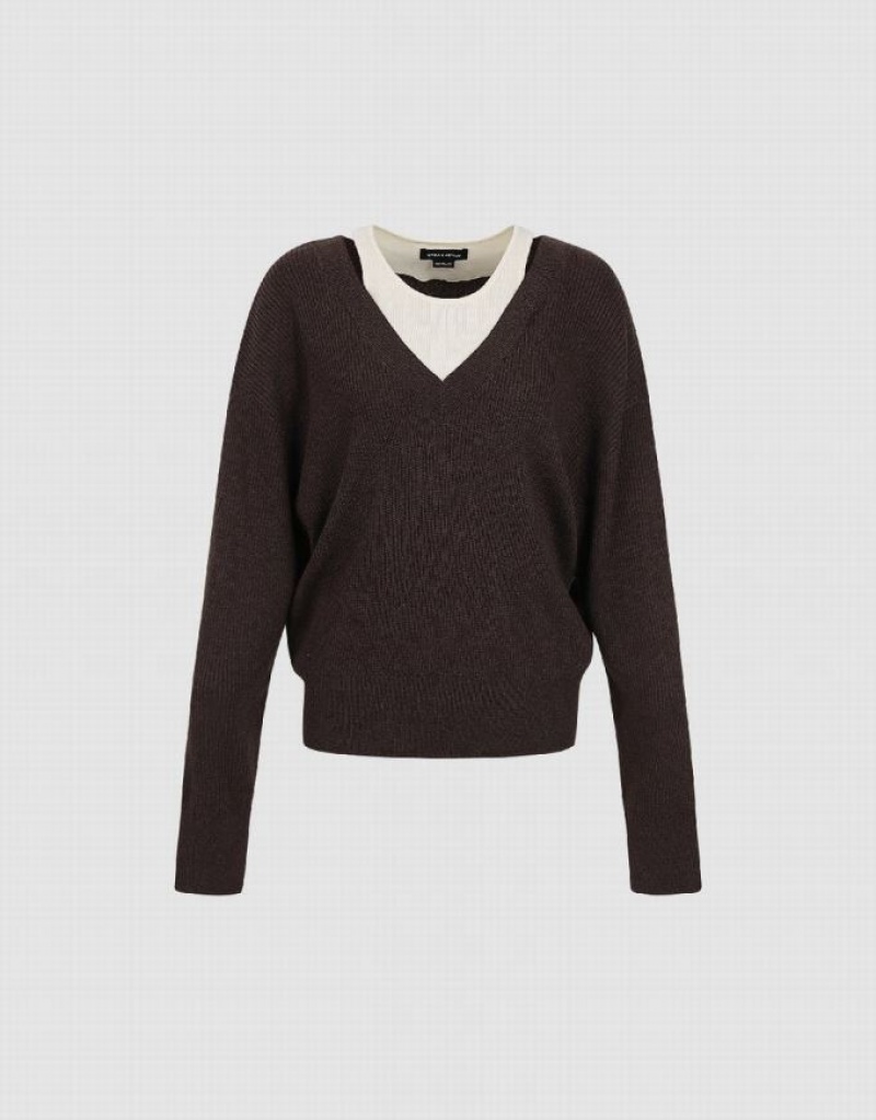 Urban Revivo 2 In 1 V-Neck Women's Sweaters Brown | IKMNEJH-92