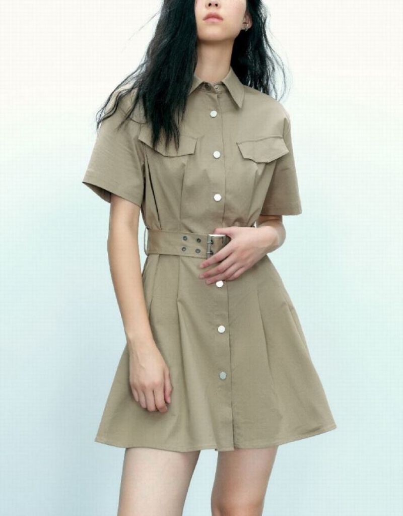 Urban Revivo A-Line With Belt Women's Shirt Dress Khaki | SAMUXEJ-27