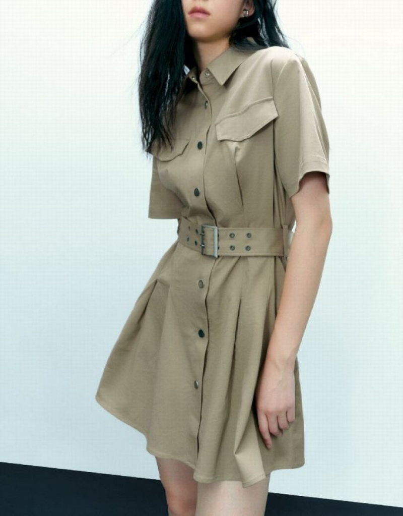 Urban Revivo A-Line With Belt Women's Shirt Dress Khaki | SAMUXEJ-27