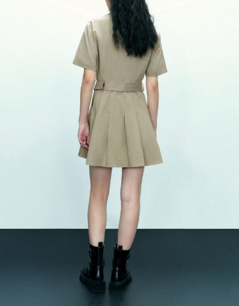 Urban Revivo A-Line With Belt Women's Shirt Dress Khaki | SAMUXEJ-27