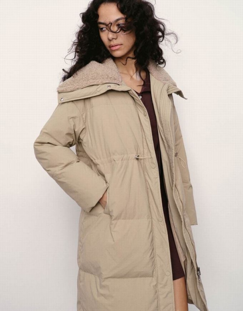 Urban Revivo A-Line Women's Puffer Jacket Khaki | YSCMFBR-05