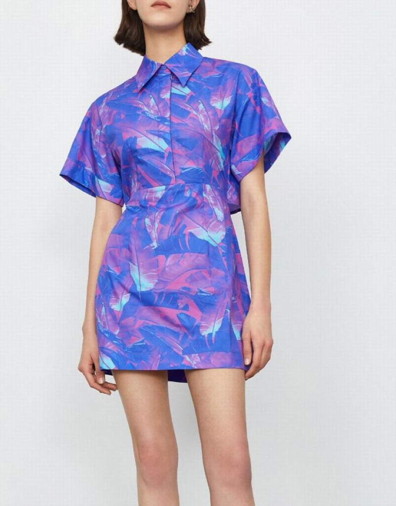 Urban Revivo Abstract Print Drop Shoulder Sleeve Style Mini Women's Shirt Dress Purple | AWMZUBF-05