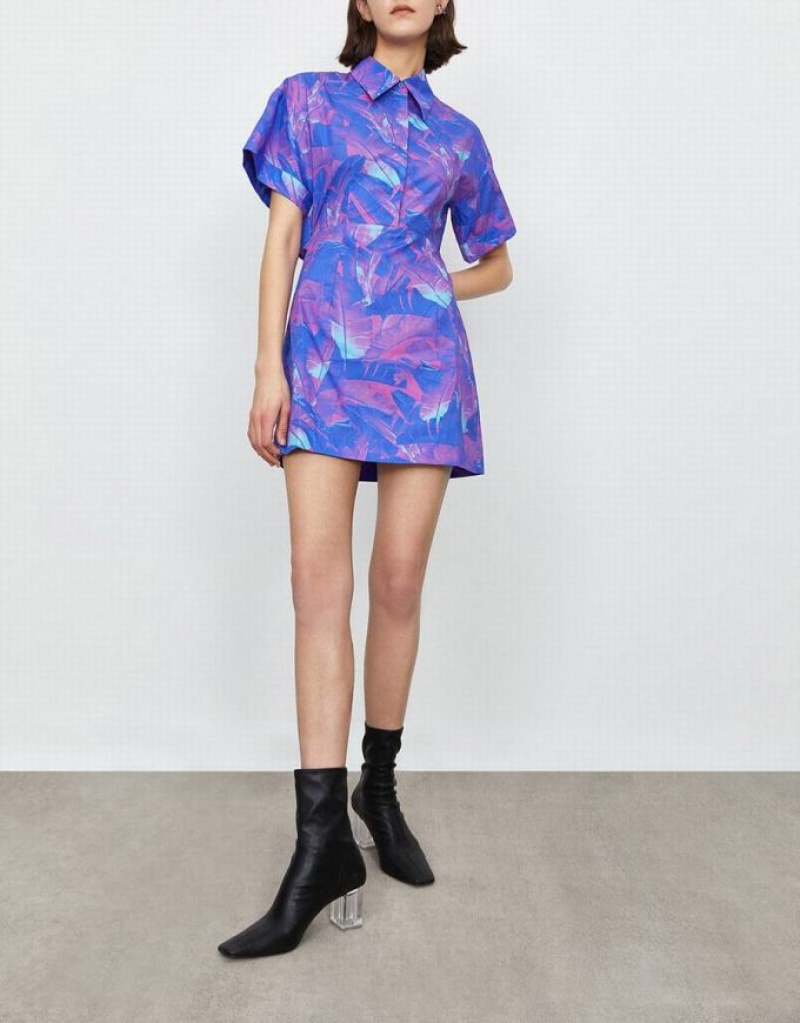 Urban Revivo Abstract Print Drop Shoulder Sleeve Style Mini Women's Shirt Dress Purple | AWMZUBF-05