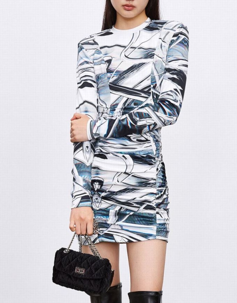 Urban Revivo Abstract Print Ruched Front Bodycon Women's Casual Dress Grey | LRQMXUF-94