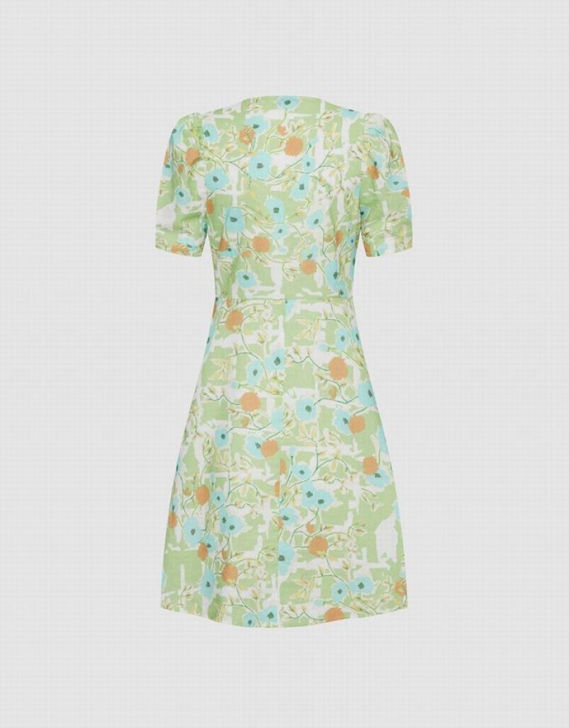 Urban Revivo Allover Print Twist Front Puff Sleeve Women's Casual Dress Green | EUCNAWJ-12