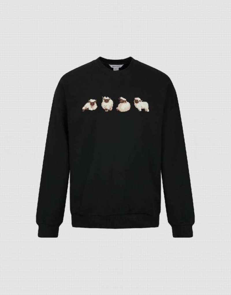 Urban Revivo Animals Printed Crew Neck Men's Sweatshirts Black | BVNHTGW-18