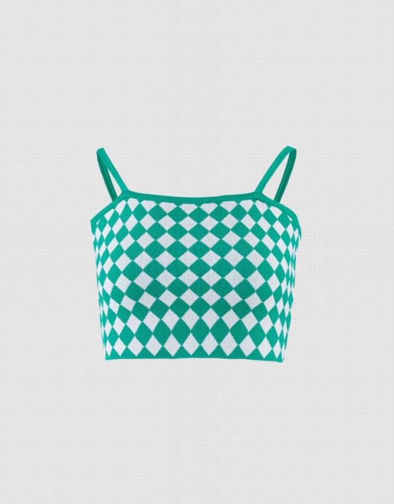 Urban Revivo Argyle Knitted Crop Women\'s Camisole Green | DQVTUFI-14