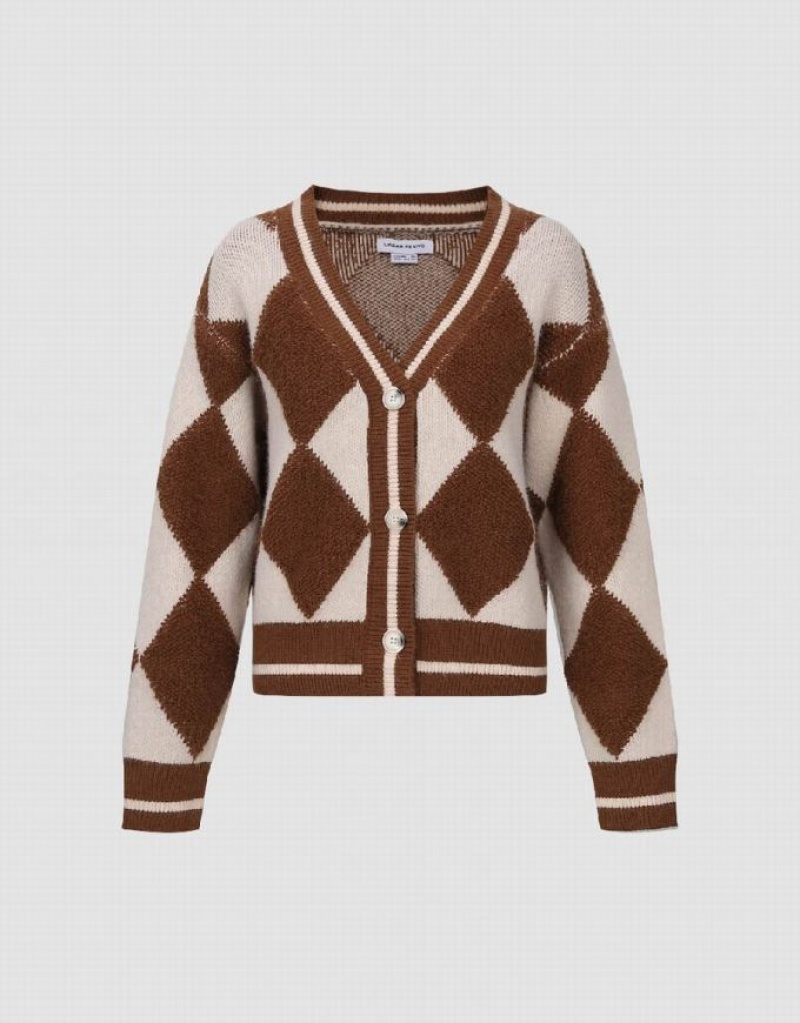 Urban Revivo Argyle Pattern V-Neck Knitted Women's Cardigan Coffee | DHWJYCI-10