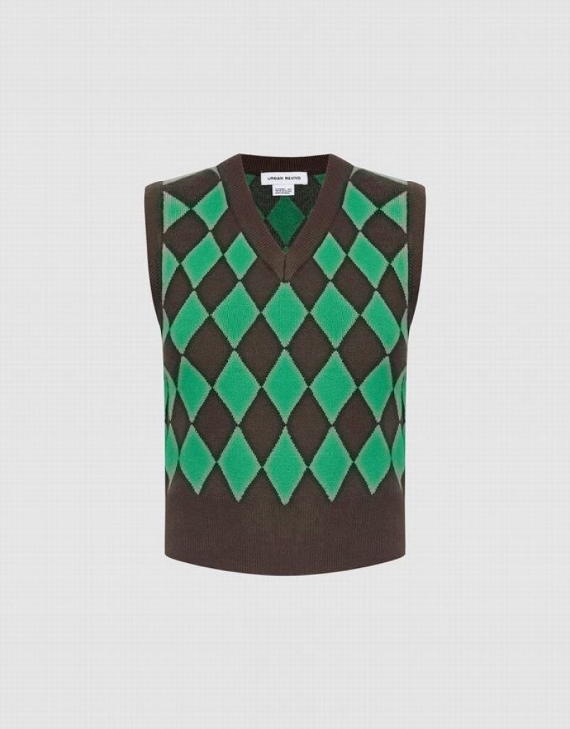 Urban Revivo Argyle Pattern Women\'s Sweater Vest Green / Brown | CEGKJAH-14