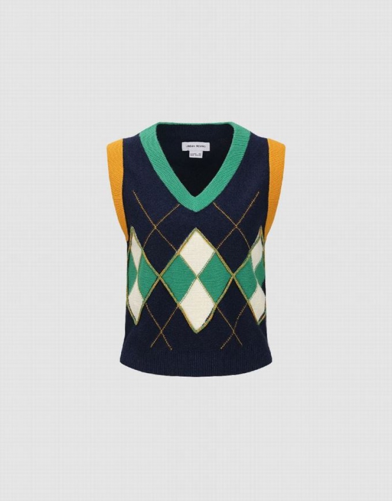 Urban Revivo Argyle Printed V-Neck Knitted Women's Cardigan Blue | EOXGWSI-01