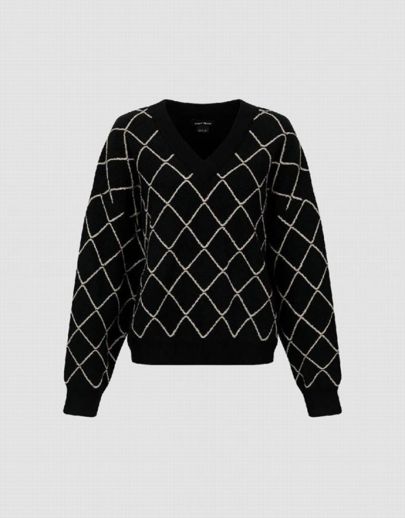 Urban Revivo Argyle Printed V-Neck Knitted Women's Cardigan Black | KULXZHY-28