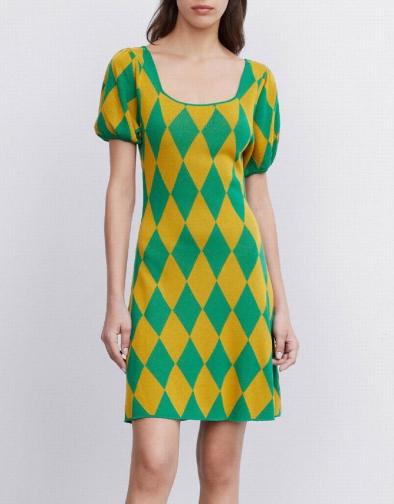 Urban Revivo Argyle Women's Knitted Dress Green | QVDCXNA-75