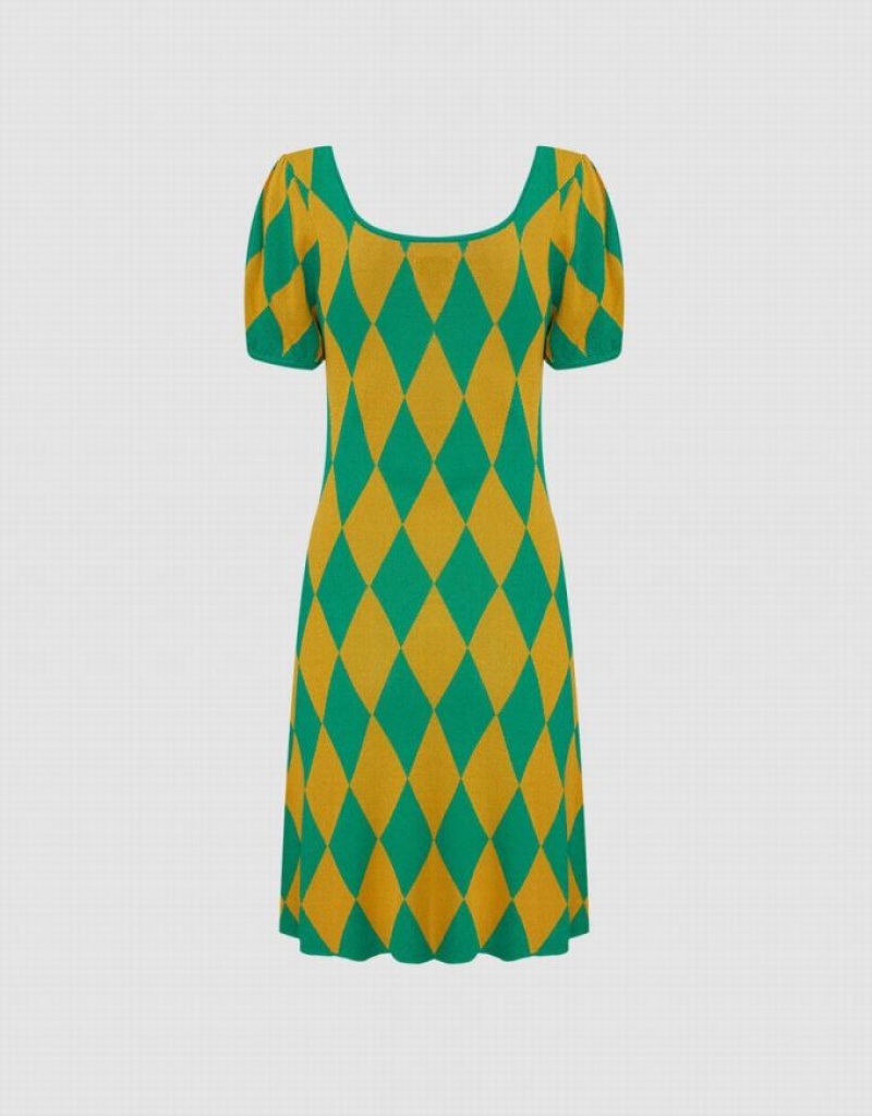 Urban Revivo Argyle Women's Knitted Dress Green | QVDCXNA-75