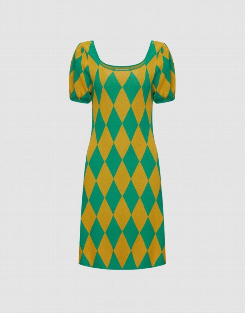 Urban Revivo Argyle Women\'s Knitted Dress Green | QVDCXNA-75