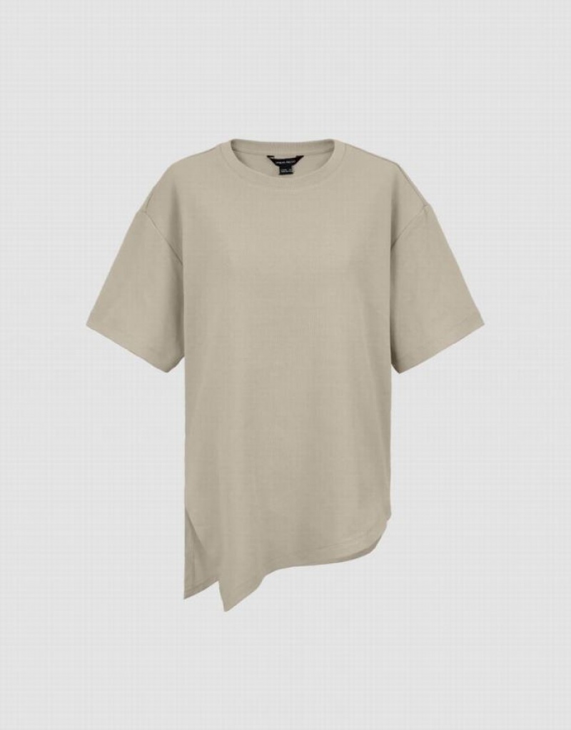 Urban Revivo Asymmetric Hem Crew Neck Knitted Women's T-Shirts Khaki | EJONMCH-35