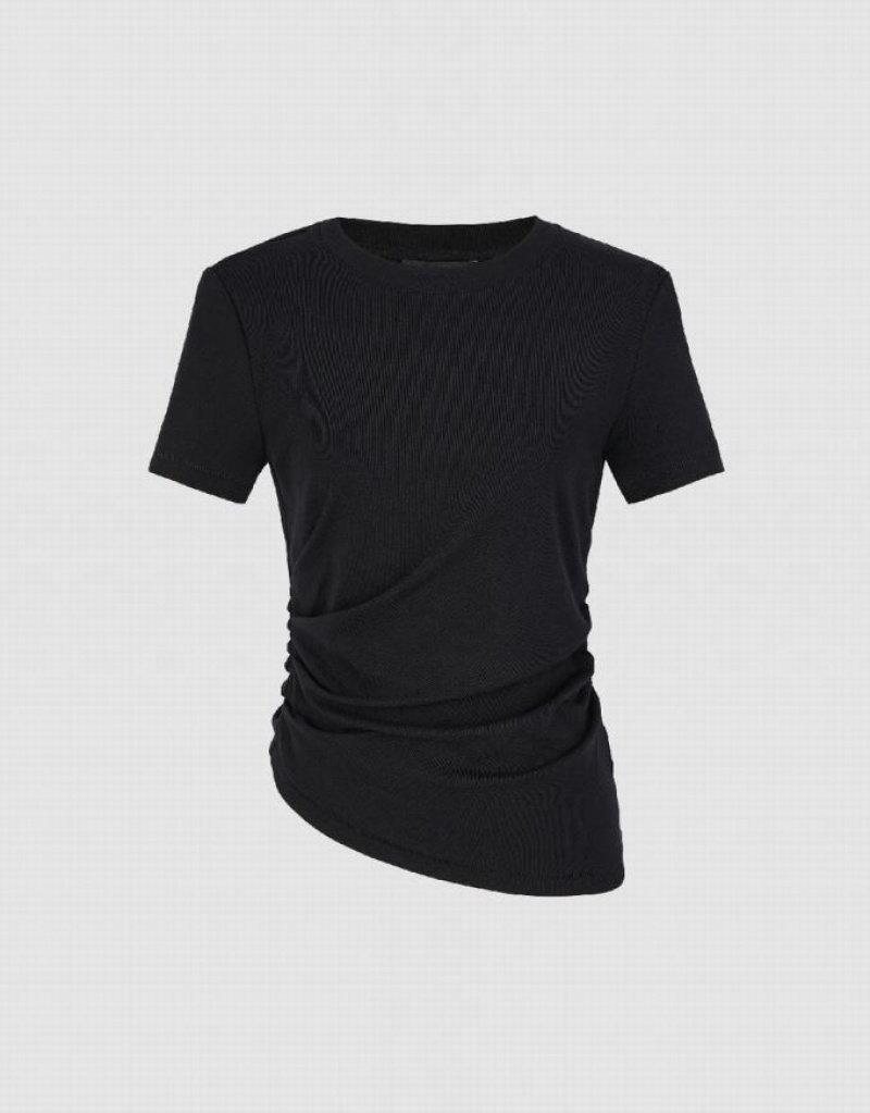 Urban Revivo Asymmetric Ruched Women's T-Shirts Black | BHWNSDX-52