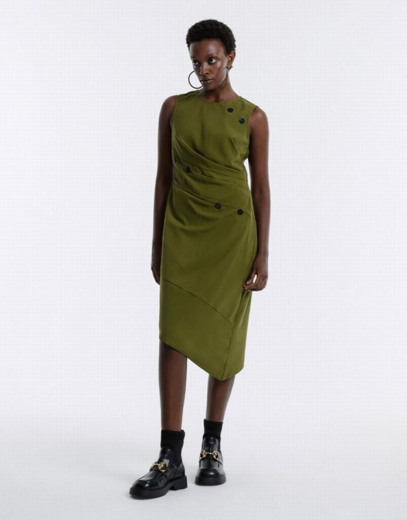 Urban Revivo Asymmetrical Buttoned Midi Women's Midi Dress Green | TNKPDUZ-90