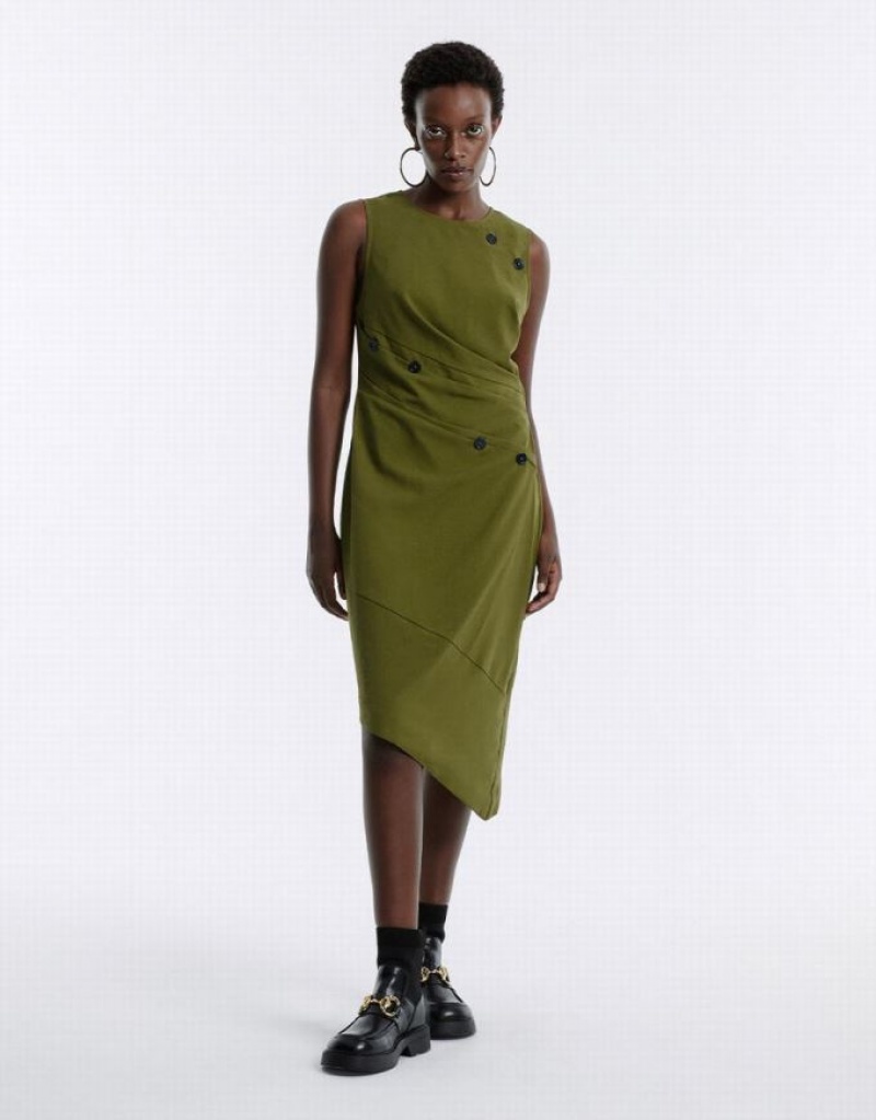 Urban Revivo Asymmetrical Buttoned Midi Women's Midi Dress Green | TNKPDUZ-90