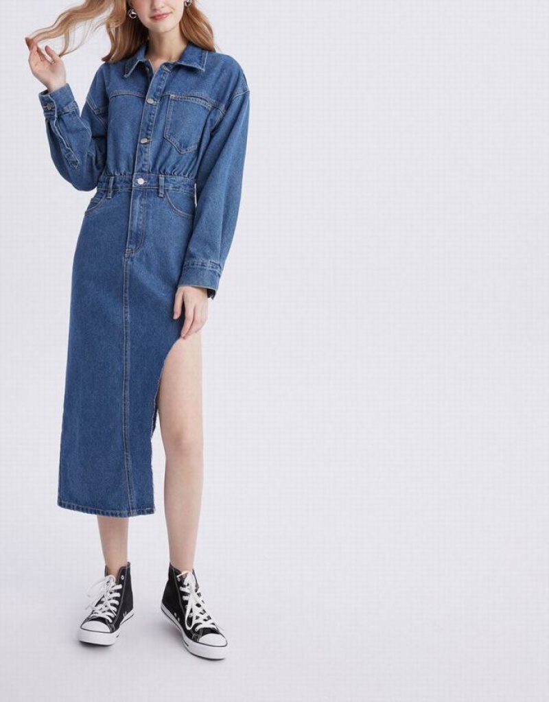 Urban Revivo Asymmetrical Hem Women's Denim Dress Blue | HESPBWO-84