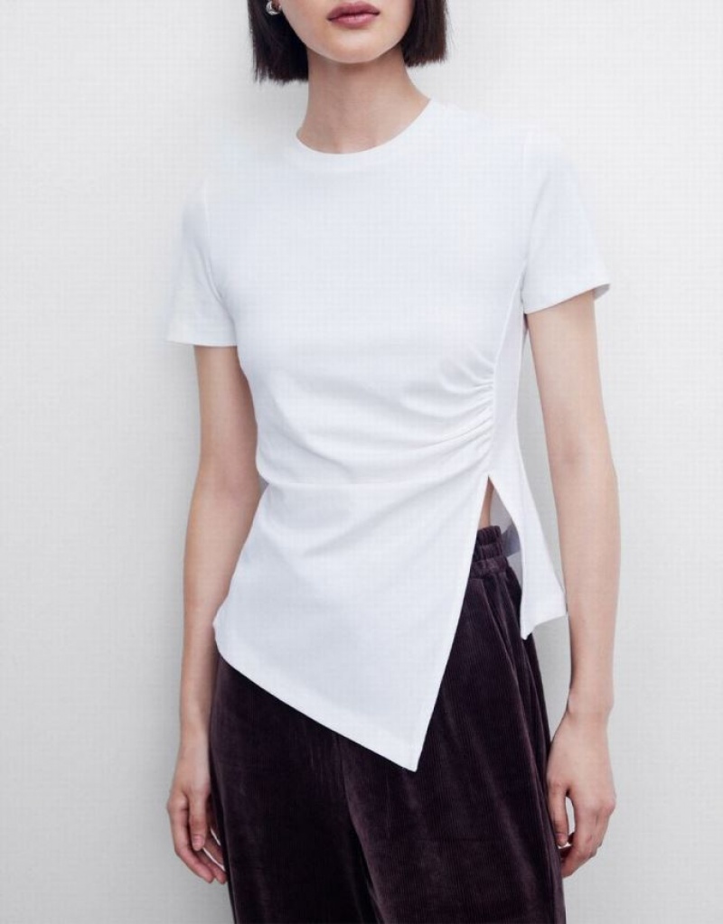 Urban Revivo Asymmetrical Hem Women's T-Shirts White | NCBDQZF-70