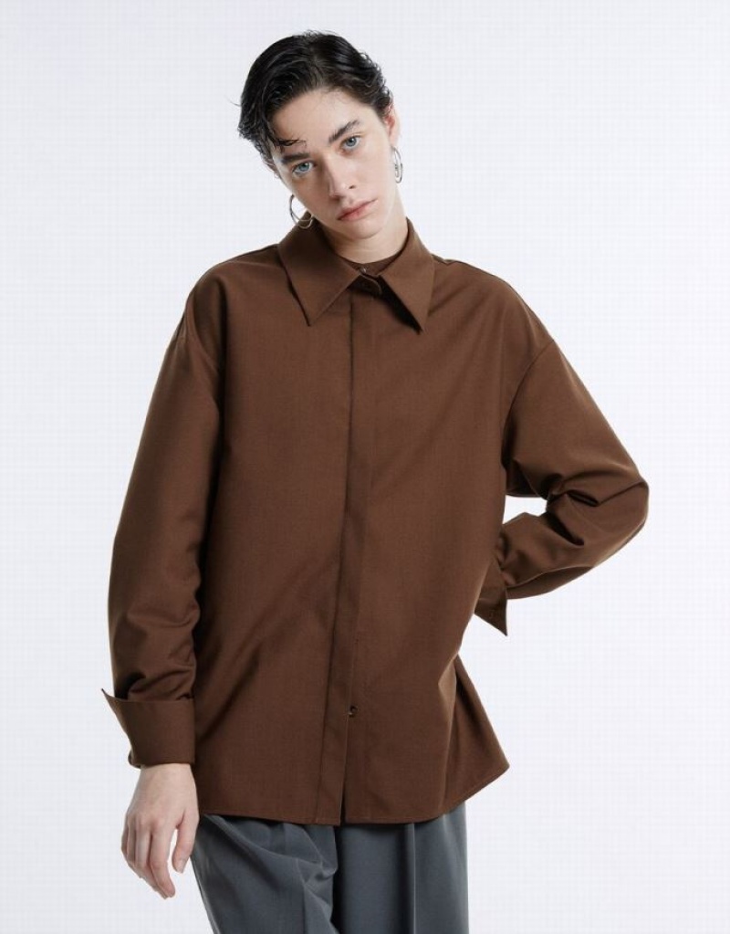 Urban Revivo Basic Button Up Women's Shirts Brown | RSDLVQP-39