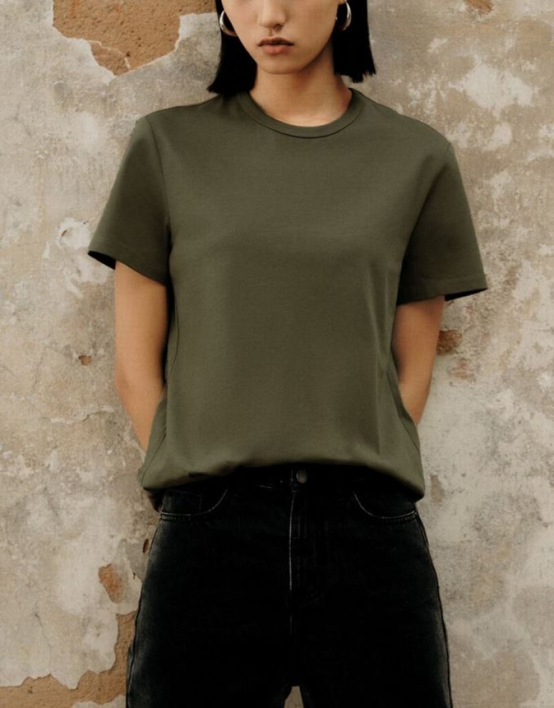 Urban Revivo Basic Regular Women's T-Shirts Olive | SQMVZPG-78