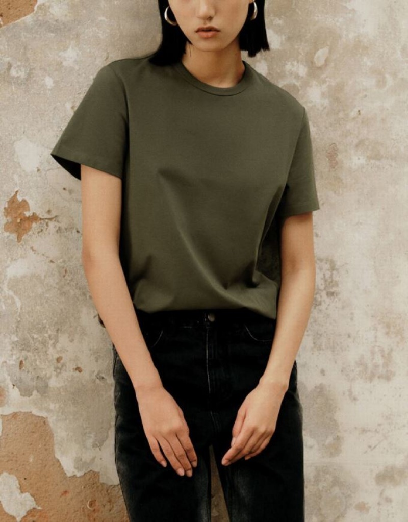 Urban Revivo Basic Regular Women's T-Shirts Olive | SQMVZPG-78