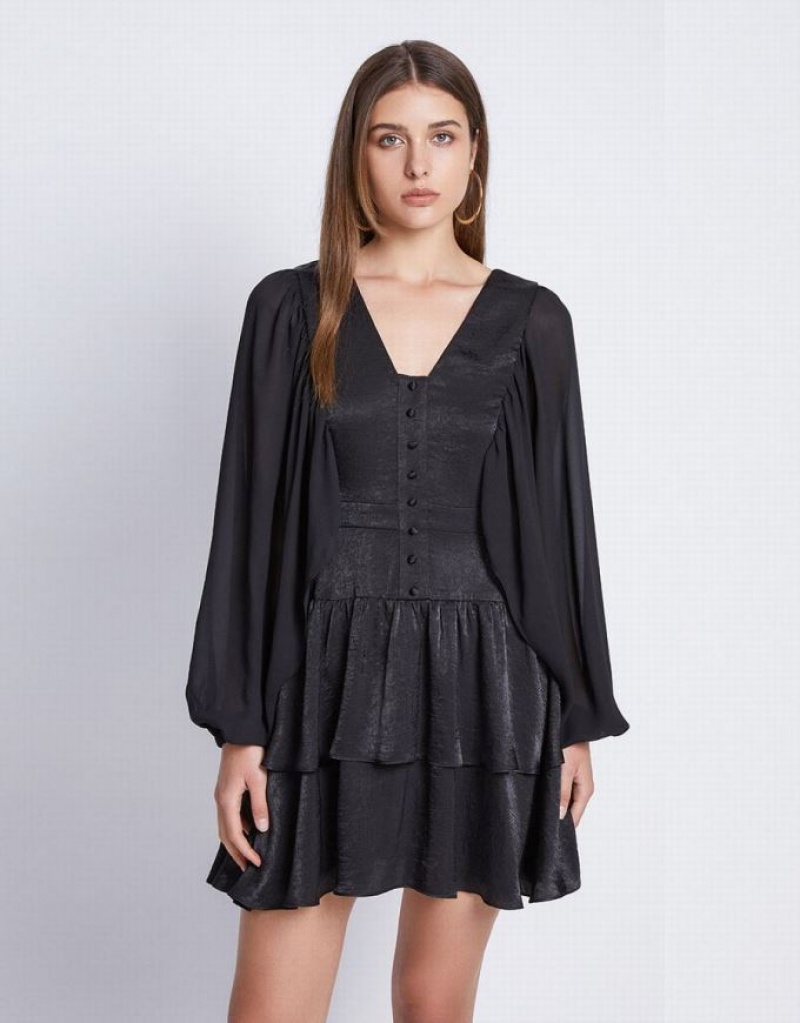 Urban Revivo Batwing Button Front Tiered Ruffle Hem Women's Casual Dress Black | HKZPTYX-34