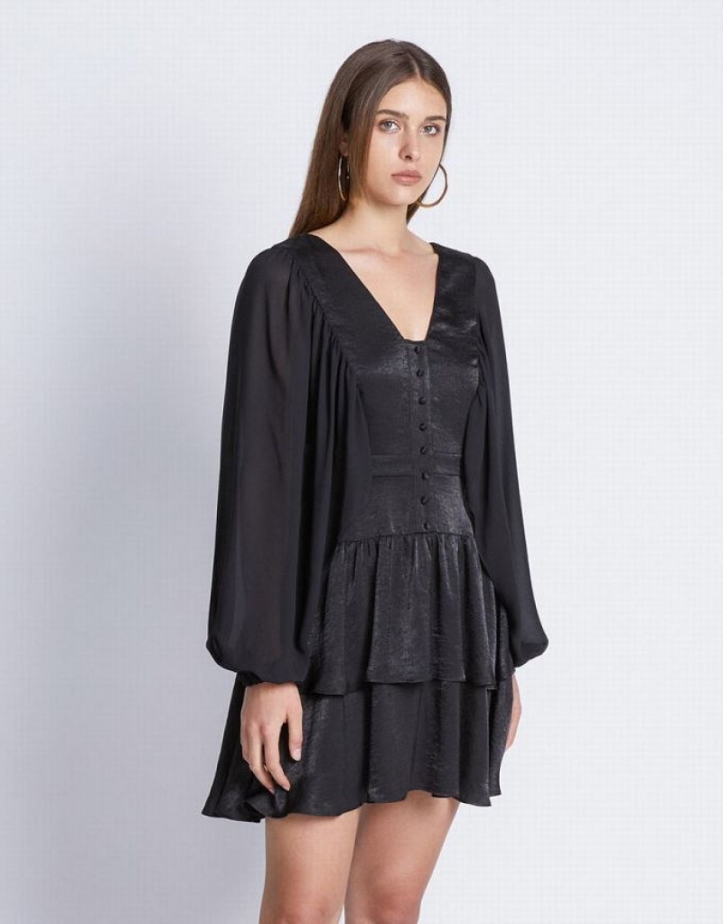 Urban Revivo Batwing Button Front Tiered Ruffle Hem Women's Casual Dress Black | HKZPTYX-34