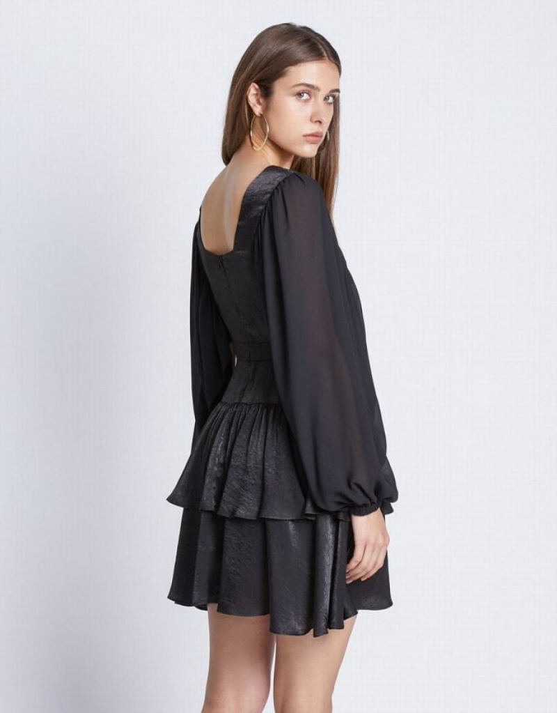 Urban Revivo Batwing Button Front Tiered Ruffle Hem Women's Casual Dress Black | HKZPTYX-34