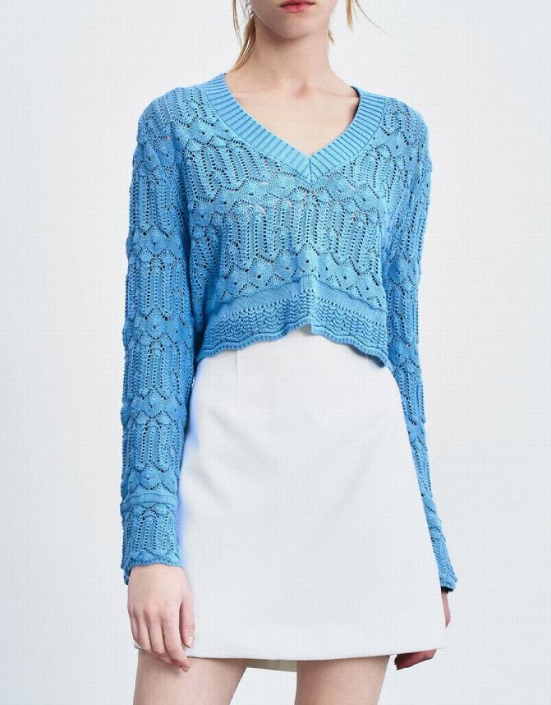 Urban Revivo Bell Sleeve Pointelle Knit Top Women's Cardigan Blue | UQTMRHW-67