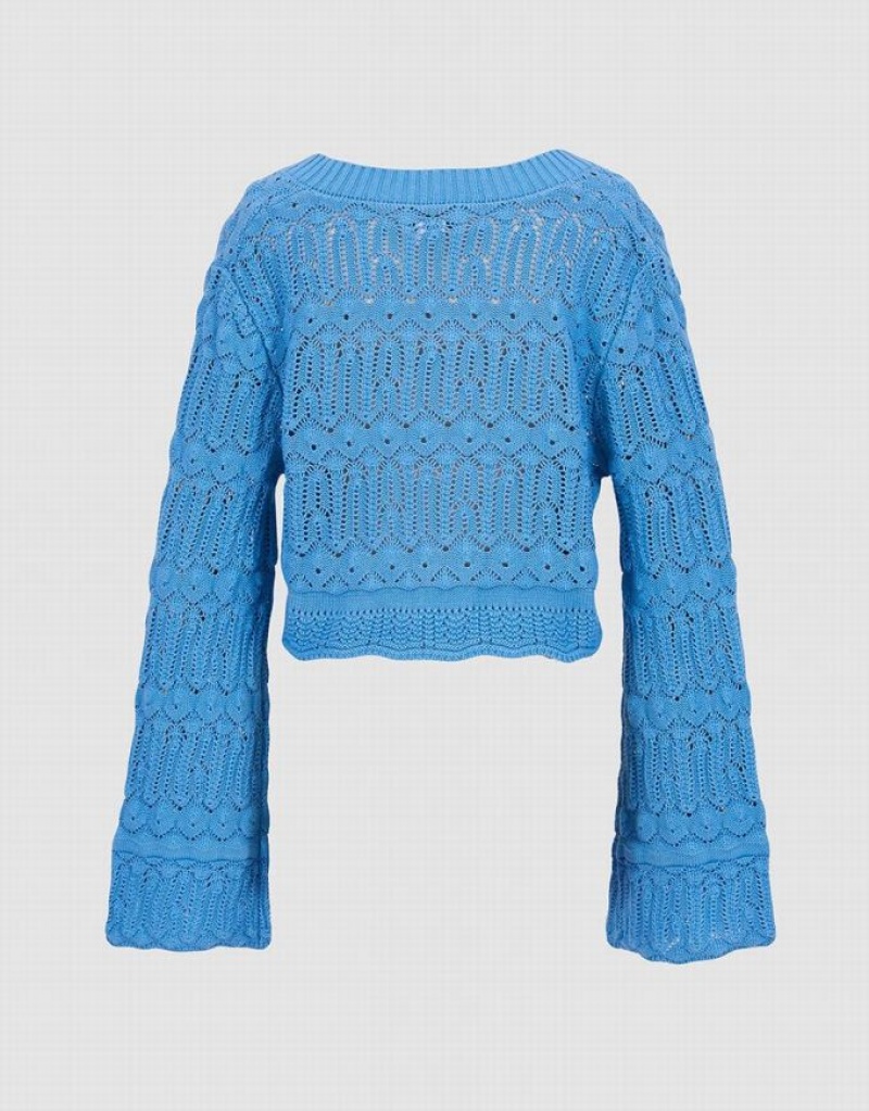 Urban Revivo Bell Sleeve Pointelle Knit Top Women's Cardigan Blue | UQTMRHW-67