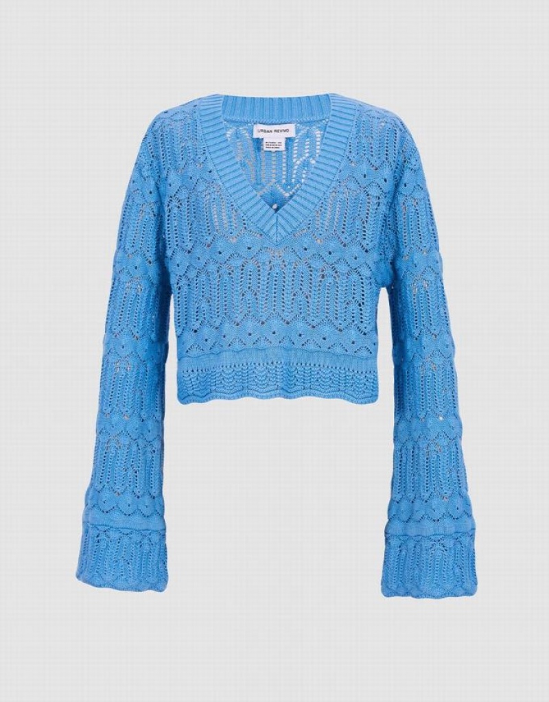 Urban Revivo Bell Sleeve Pointelle Knit Top Women\'s Cardigan Blue | UQTMRHW-67