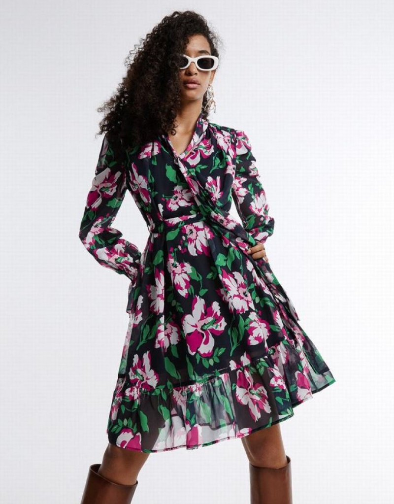 Urban Revivo Belted Floral Chiffon Women's Short Dress Multicolor | EPITGMQ-93