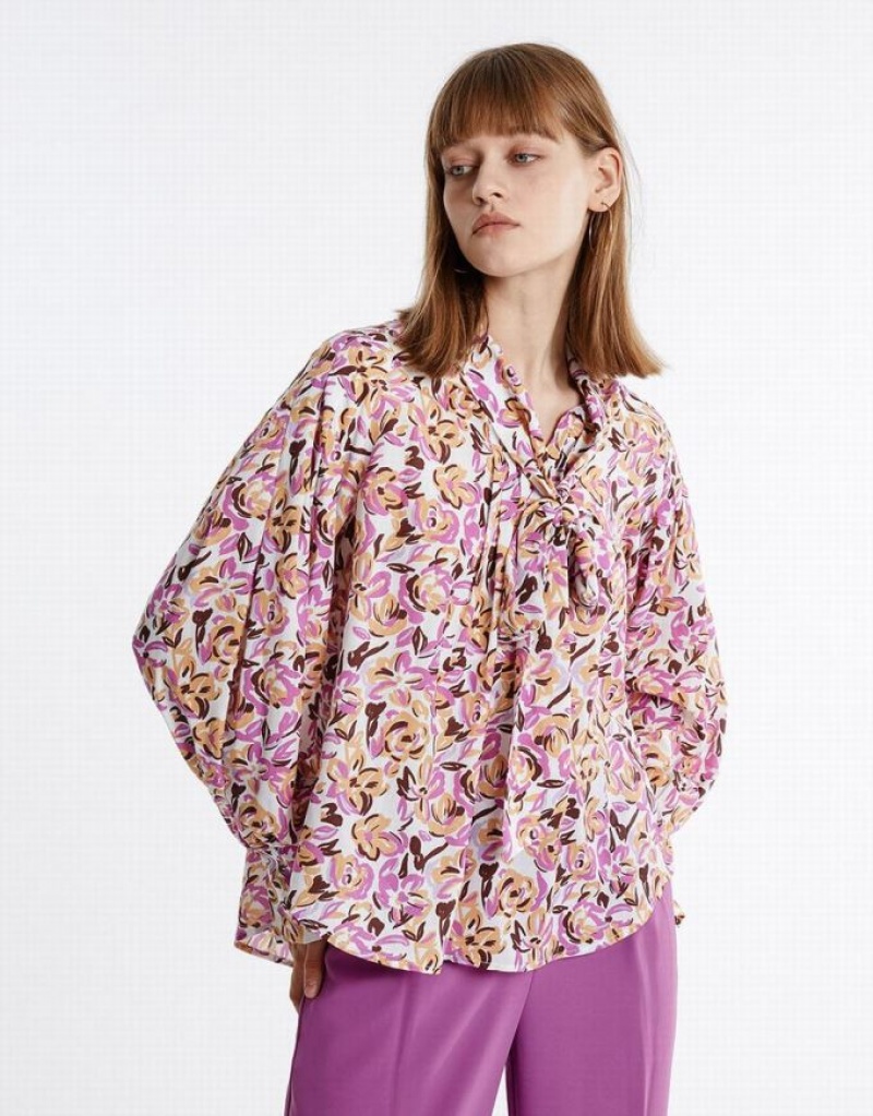 Urban Revivo Bow Detail Floral Women's Blouse Purple | HNURLQC-05