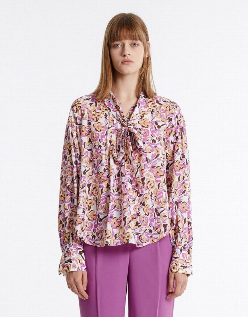 Urban Revivo Bow Detail Floral Women's Blouse Purple | HNURLQC-05