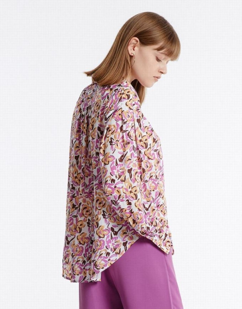 Urban Revivo Bow Detail Floral Women's Blouse Purple | HNURLQC-05