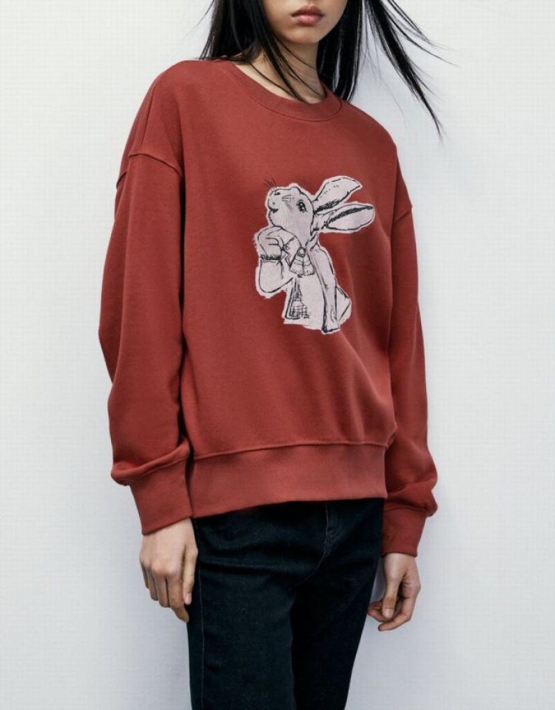 Urban Revivo Bunny Print Women's Sweatshirts Red | OLFTVCR-70