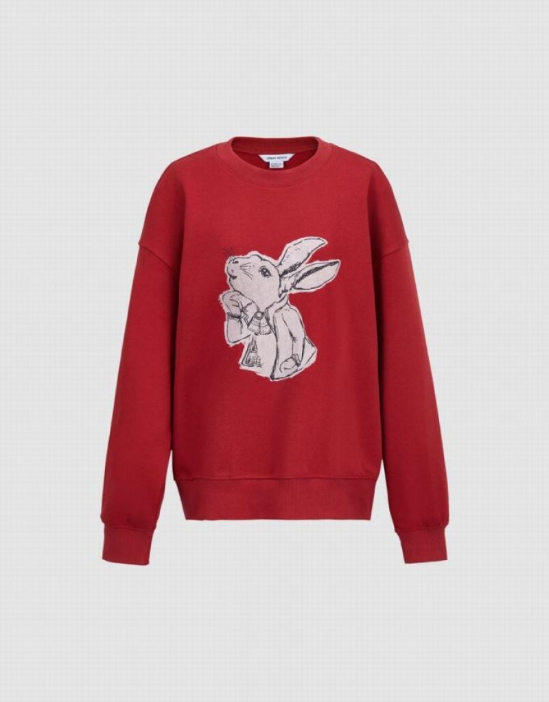 Urban Revivo Bunny Print Women\'s Sweatshirts Red | OLFTVCR-70