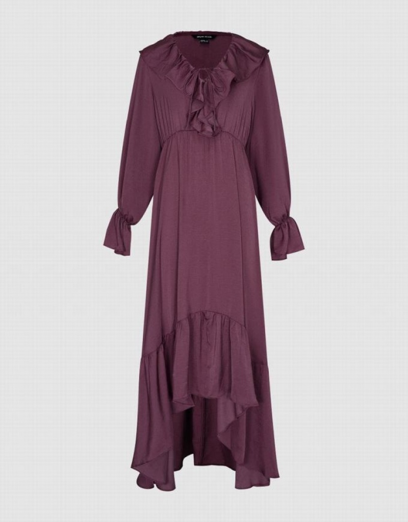 Urban Revivo Butterfly Sleeve Ruffle Lapel A-Line Women's Dress Purple | WUTFLAZ-71