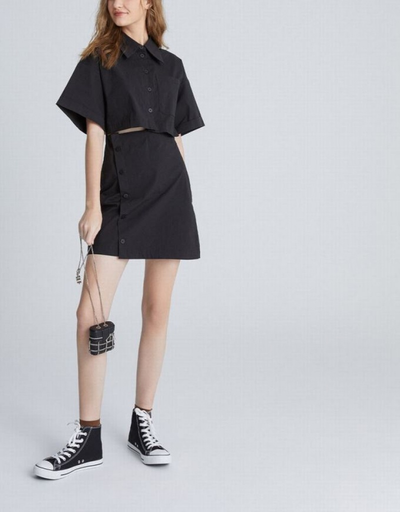 Urban Revivo Button Down A-Line Collar Women's Shirt Dress Black | XICWOKR-40