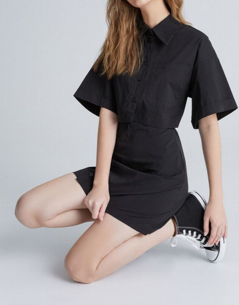 Urban Revivo Button Down A-Line Collar Women's Shirt Dress Black | XICWOKR-40