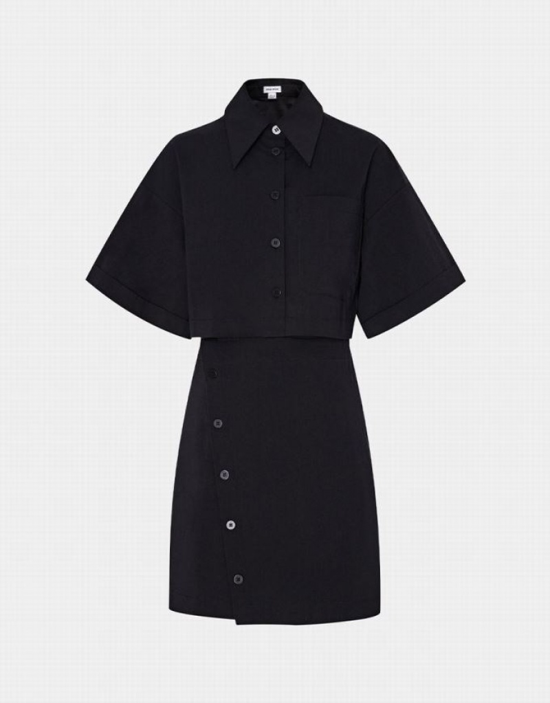 Urban Revivo Button Down A-Line Collar Women\'s Shirt Dress Black | XICWOKR-40