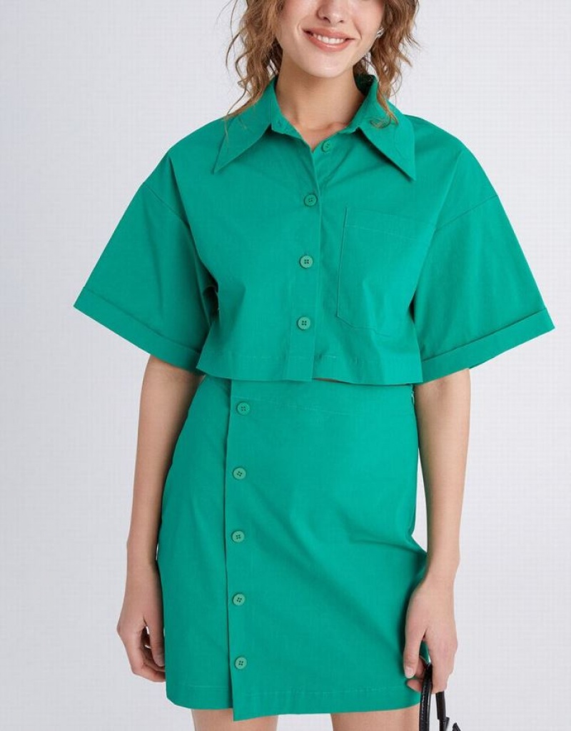 Urban Revivo Button Down A-Line Collar Women's Shirt Dress Green | XGMHLPN-01