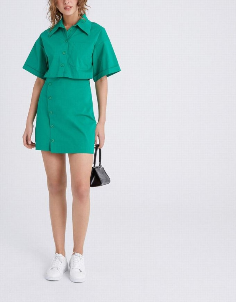 Urban Revivo Button Down A-Line Collar Women's Shirt Dress Green | XGMHLPN-01