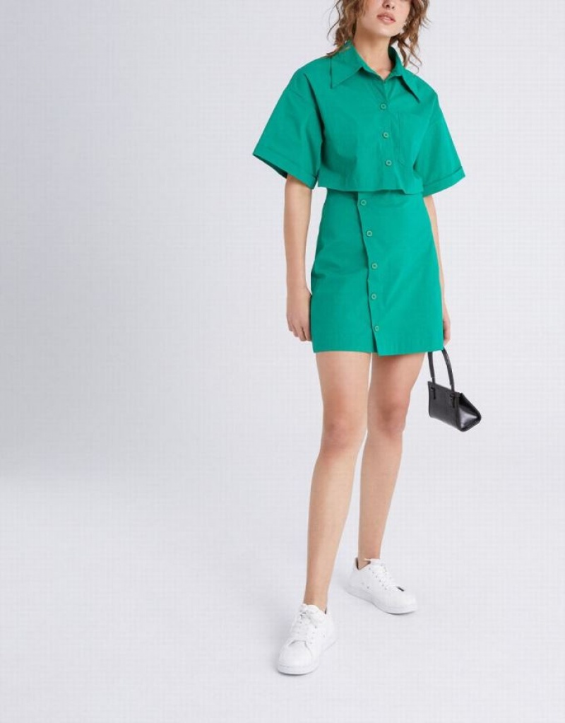 Urban Revivo Button Down A-Line Collar Women's Shirt Dress Green | XGMHLPN-01