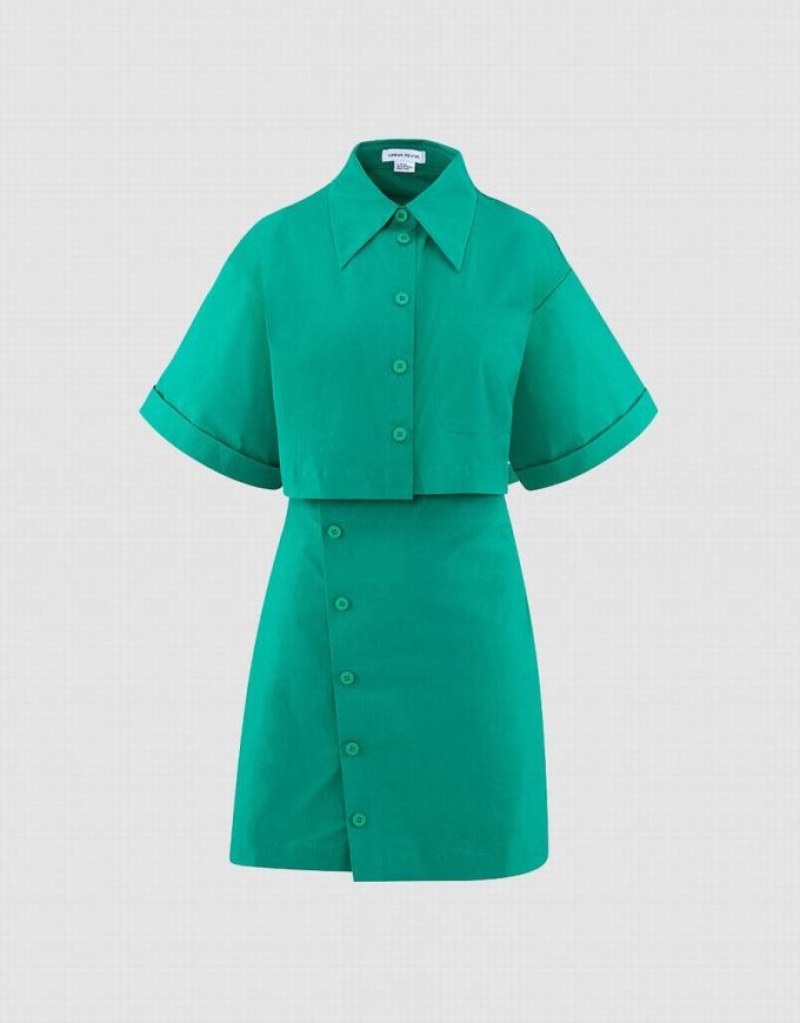 Urban Revivo Button Down A-Line Collar Women\'s Shirt Dress Green | XGMHLPN-01